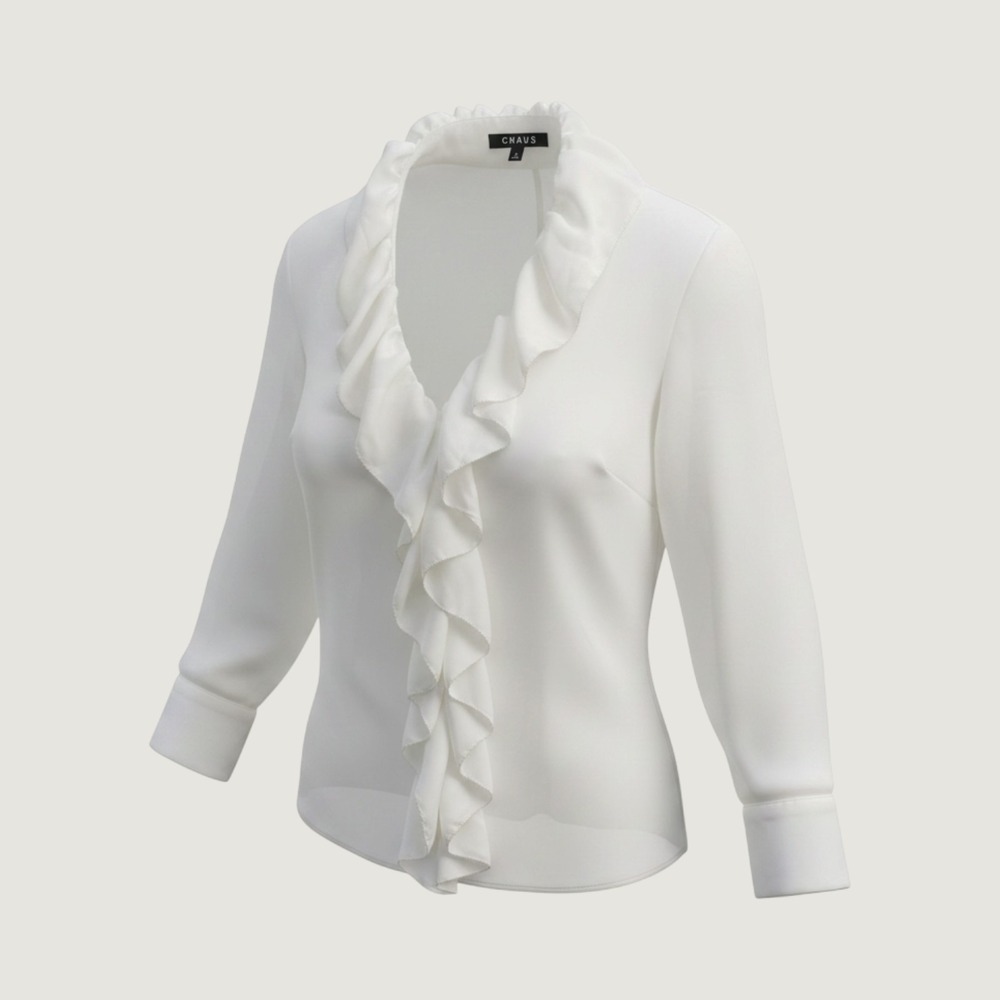 Chaus Cream Satin Ruffle V-Neck Blouse Long Sleeve Gold Button Cuffs Size 6